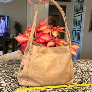 American Leather Co. Embossed Floral Shoulder Bag in light Tan